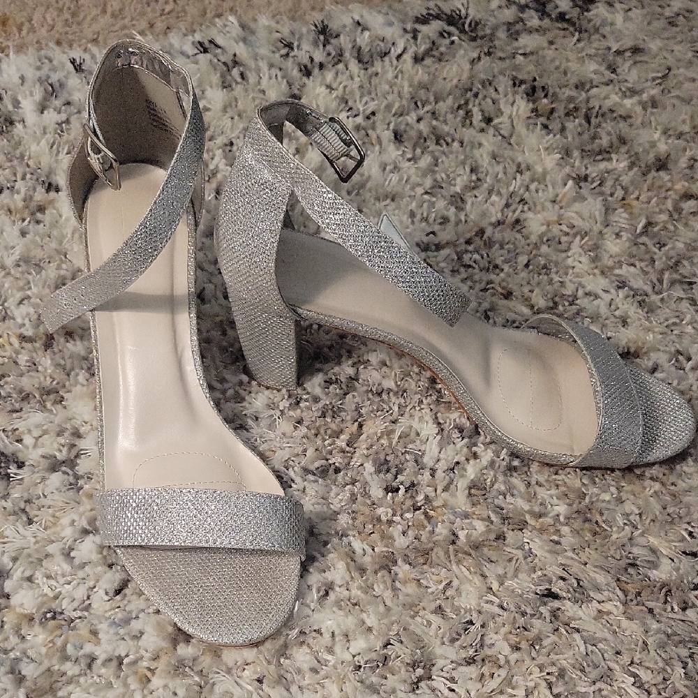 Sparkle Ankle-Strap Block Heel Sandals - Silver